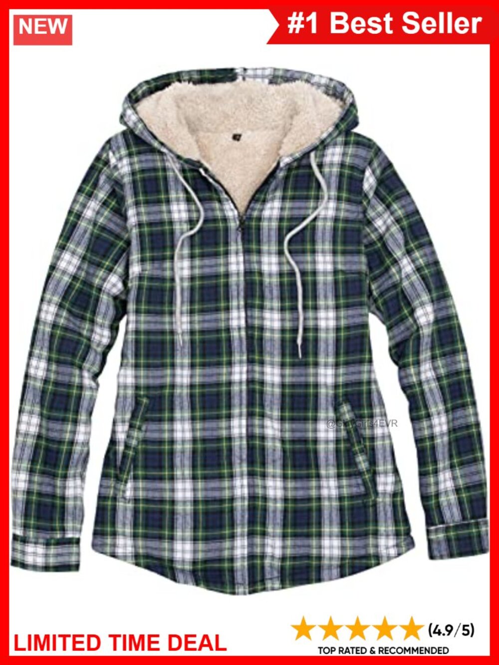 Full Zip Hooded Flannel Jacket Sherpa Fleece Lined Plaid